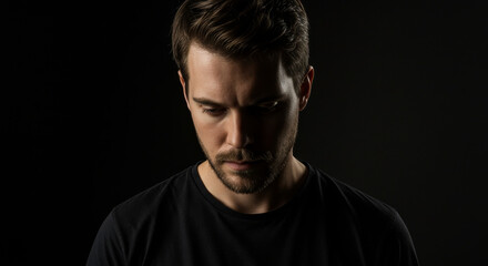Naklejka premium Man looking down with a serious expression against a black background. Portrait of a guy showing deep contemplation and moodiness. Low key lighting style for emotional storytelling.