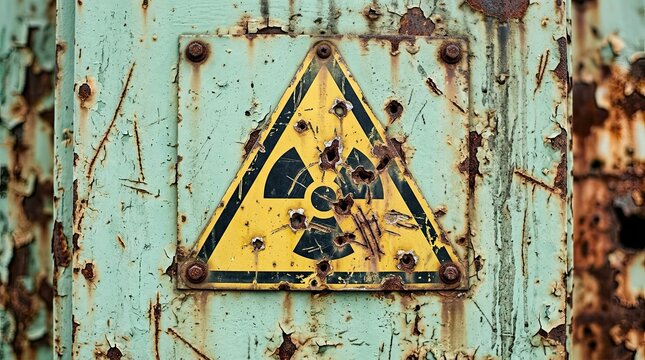 Weathered yellow triangular ionizing radiation warning sign affixed to rusted metal panel with peeling paint with rusty metal surface damaged radiation contamination deterioration industrial hole
