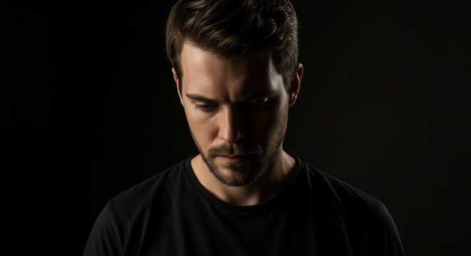 Man looking down with a serious expression against a black background. Portrait of a guy showing deep contemplation and moodiness. Low key lighting style for emotional storytelling.
