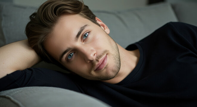Handsome young man with blue eyes lying on couch. Portrait of attractive guy resting at home. Calm male model relaxing on sofa, skincare and lifestyle concept for beauty industry.
