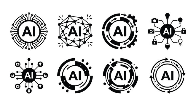Artificial intelligence icons black vector illustrations on a white background