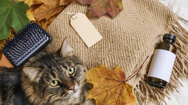 Cat blanket autumn leaf brush bottle tag pet warm cozy fur tabby brown green indoor home fabric woven grooming care season cold comfort relaxed