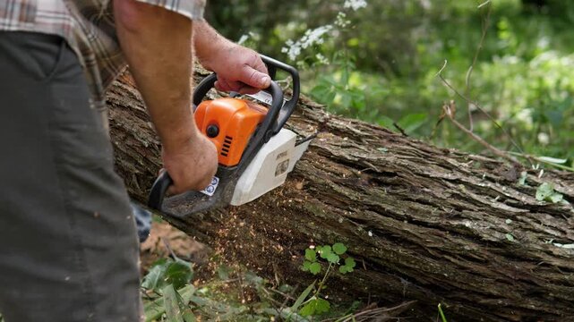 Close-up outdoor scene shows worker on left cutting fallen tree trunk with orange chainsaw as wood chips spray downward, rough bark fills foreground, blurred green foliage behind
