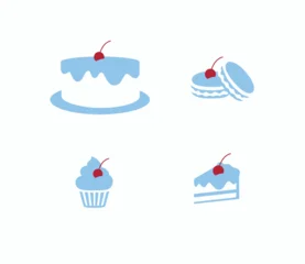 Bakery sweet food cake macaron cupcake drawing in minimalist style with blue on light background © anna42f