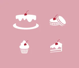 Bakery sweet food cake macaron cupcake drawing in minimalist style with white on pink background © anna42f