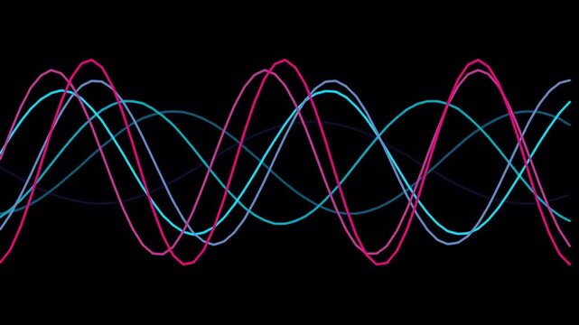 Vibrant intersecting sine waves display rhythmic motion patterns depicting complex frequency vibrations in deep dark environments showcasing the intersection of multiple flowing lines for