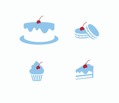 Bakery sweet food cake macaron cupcake drawing in minimalist style with blue on light background
