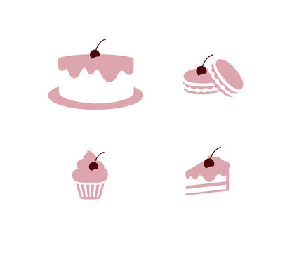 Bakery sweet food cake macaron cupcake drawing in minimalist style with pink on light background