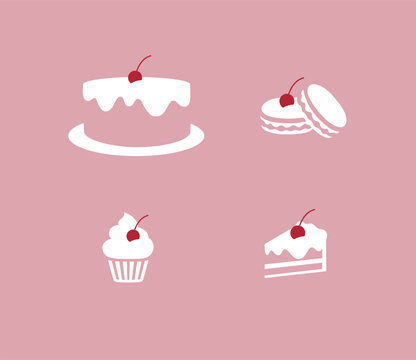 Bakery sweet food cake macaron cupcake drawing in minimalist style with white on pink background