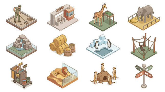 Dynamic Isometric Illustrations of Zoo Keeper Tasks and Animal Enclosures with Vibrant Colors and Detailed Elements