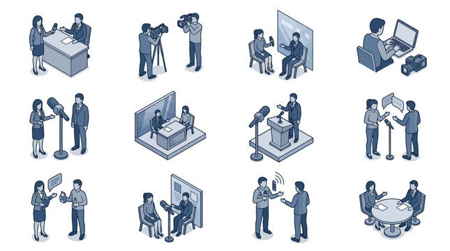Modern Isometric Illustrations of Professional Media Interviews and Presentations in Monochrome