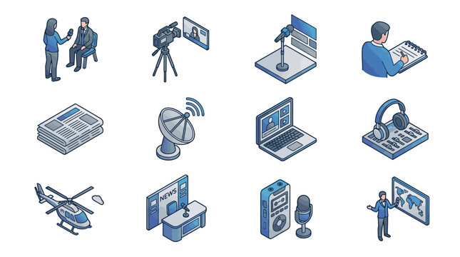 Sleek Isometric Illustrations of Modern Media and Journalism Tools and Scenes in Blue and Gray Tones