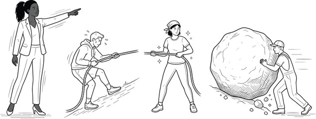Business team leader woman guiding diverse workers pulling rope and pushing big heavy boulder up steep hill concept vector © MdAll