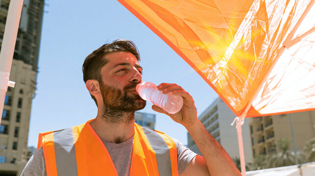 Heat safety outdoor worker construction worker drink water heat stress sun protection safety vest orange vest heat wave hydration worker man male