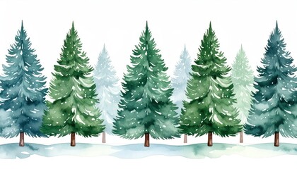 Obraz premium Watercolor Painting of a Snowy Forest with Evergreen Trees.