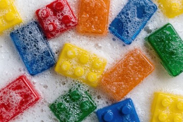 Fototapeta premium The Colorful Blocks in a Bubble Bath Scene with Bright Bubbles