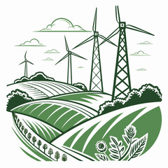 Green toned of a wind farm with multiple turbines and electricity pylons on rolling hills with clouds and lush green vegetation © sabrina1122