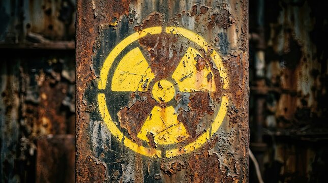 Yellow radioactive hazard symbol painted on heavily corroded rusty metal surface in dark industrial setting with peeling paint texture with post apocalyptic contamination environment destruction
