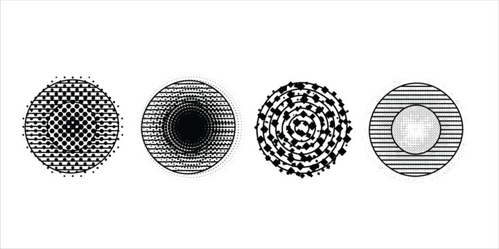 Black concentric circle set. Sonar or sound wave ring collection. Halftone and linear epicentre, target, radar icon concept. Ripple radial signal or vibration elements. Vector line and dotted symbols