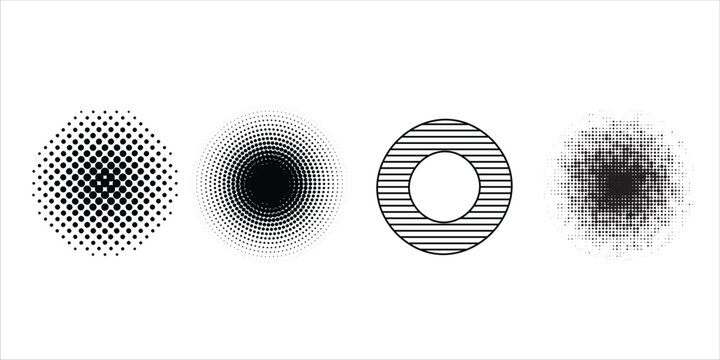 Black concentric circle set. Sonar or sound wave ring collection. Halftone and linear epicentre, target, radar icon concept. Ripple radial signal or vibration elements. Vector line and dotted symbols