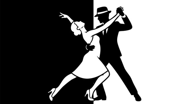 Elegant couple dancing tango in black and white silhouette with split background for dance studio logo