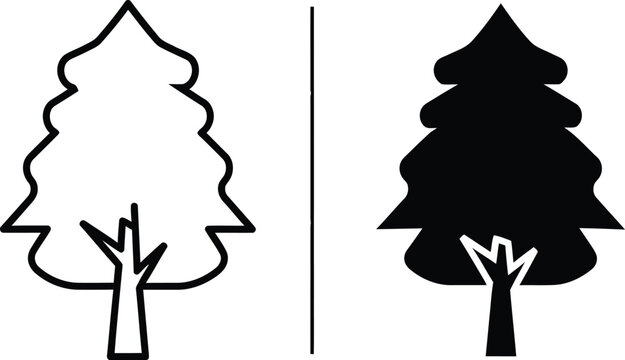 Pine tree line art and solid silhouette on white background