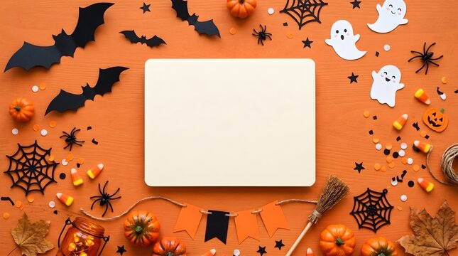 Happy Halloween Holiday Background with Bats, Ghosts and Spooky Decorations Flat Lay Top View Copy Space