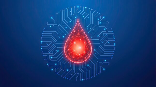 Digital red drop with glowing network connections on blue background futuristic abstract technology illustration for modern web design with lines dark background connected abstract depicts glowing