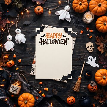 Happy Halloween Holiday Background with Bats, Ghosts and Spooky Decorations Flat Lay Top View Copy Space