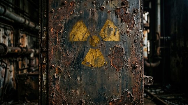 Close up of a weathered radioactive hazard symbol spray painted on a heavily rusted metal panel set against a dark industrial background with pipes with evoking sense danger abandonment close yellow
