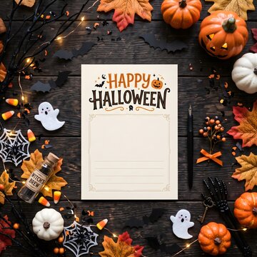 Happy Halloween Holiday Background with Bats, Ghosts and Spooky Decorations Flat Lay Top View Copy Space