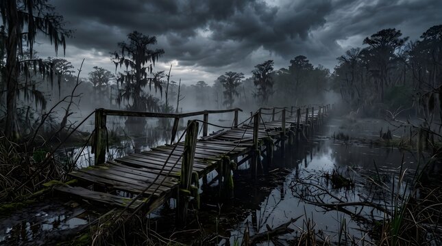 Decaying Wooden Bridge Over Misty Swamp Water Under Stormy Horror Sky