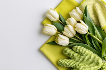 Obraz premium The White Tulips Arrangement on Lime Green Backdrop with Textured Green Gourds as Accents