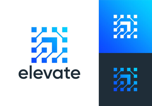elevate logo design. arrow growth with technology square pixel digital icon vector concept