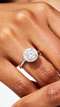 A close-up of a sparkling platinum diamond ring on a woman's hand, reflecting bright light, highlighting elegance and luxury. Suitable for advertising or editorial use