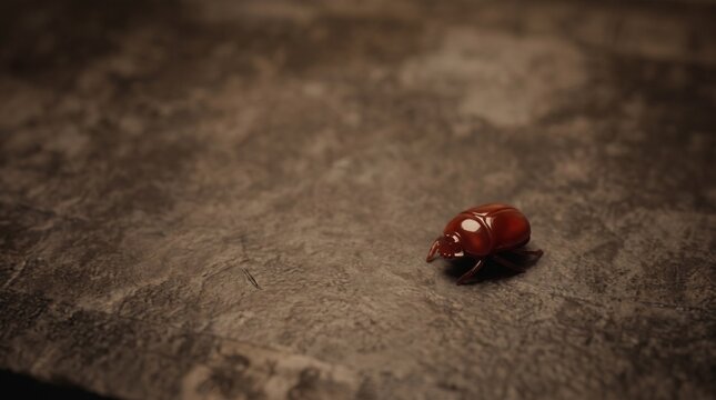 Small shiny red stone scarab beetle amulet on a rough dark stone surface