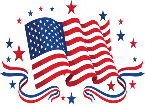 Patriotic American flag waving banner vector, USA Independence Day background with festive stars and tricolor ribbon streamers