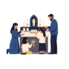 Family praying together at home altar with candles and cross.