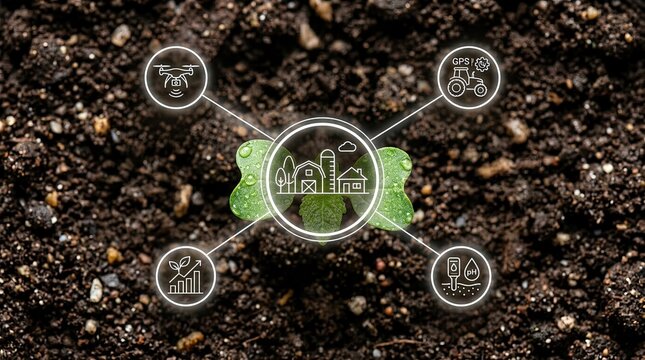 Innovative agriculture concept a young plant sprouts from soil surrounded by digital icons representing drone surveillance gps tractor navigation soil ph testing with farming technologies drones data