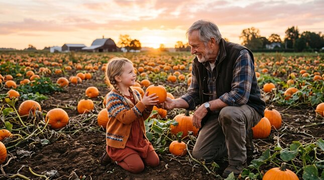 Little girl showing pumpkin to grandfather on farm field at dawn
