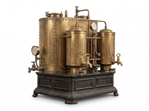 Vintage Brass Industrial Steam Engine Machine on White Background.