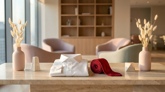 Elegante camisa blanca doblada y corbata roja de seda sobre una mesa de m&aacute;rmol en un interior moderno y lujoso
