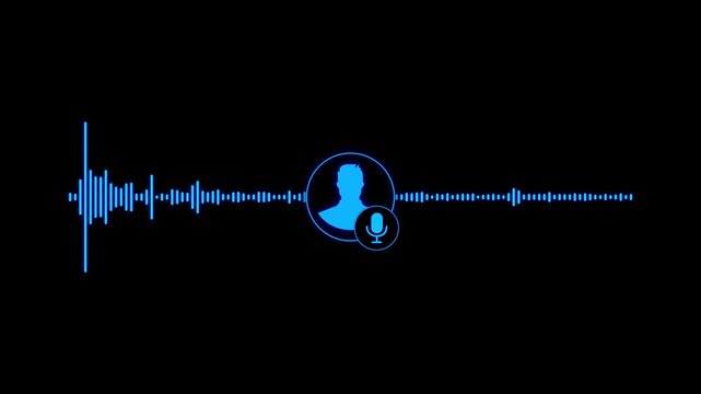 Virtual male character interview voice animation. Voice recording and podcast mic microphone button icon animation. music equalizer signal. 4k video animation 
