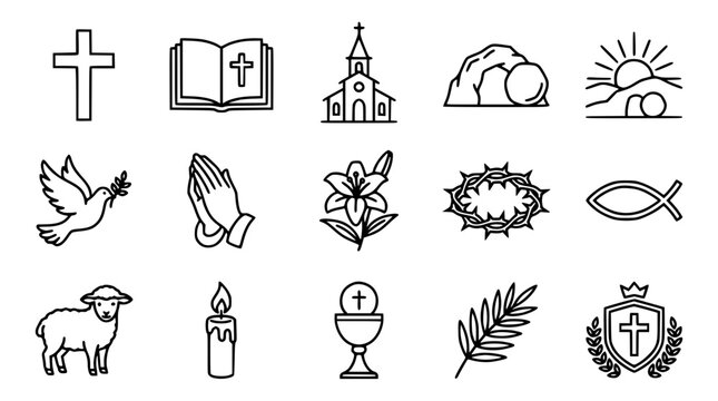 Christian Easter Sunday symbols and icons black white faith vector set with 15 religious elements