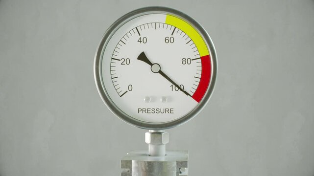 Pressure gauge displaying a critical system overload with the needle maxing out in the red zone in a CG animation against a grey wall. Industrial emergencies, business stress concepts.