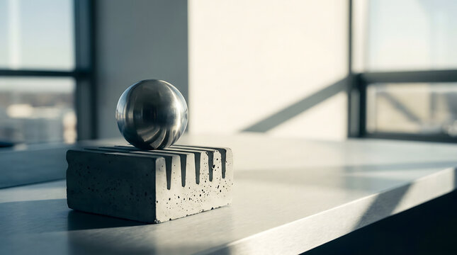 Esfera met&aacute;lica brillante sobre soporte de hormig&oacute;n minimalista con luz natural en una oficina