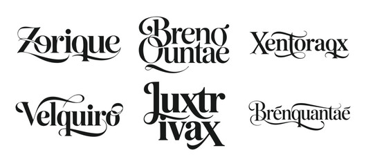 Elegant script typography designs on a white background showcasing unique word creations for branding and design projects © Oishi