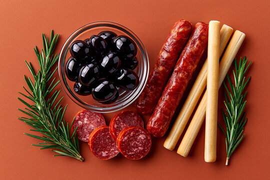 Vue du dessus d'une composition ap&eacute;ritive haut de gamme sur fond terre cuite. Une coupelle en cristal contient des olives noires, des tranches de saucisson, des gressins et un brin de romarin