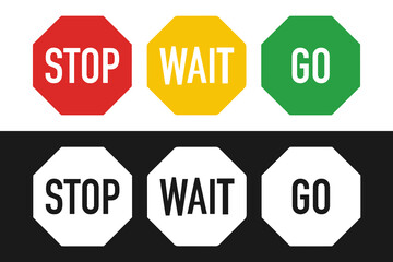Fototapeta premium Stop Wait Go signals in red yellow green and white set for traffic control