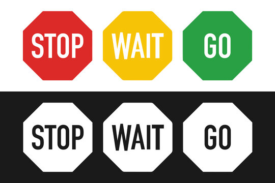 Stop Wait Go signals in red yellow green and white set for traffic control